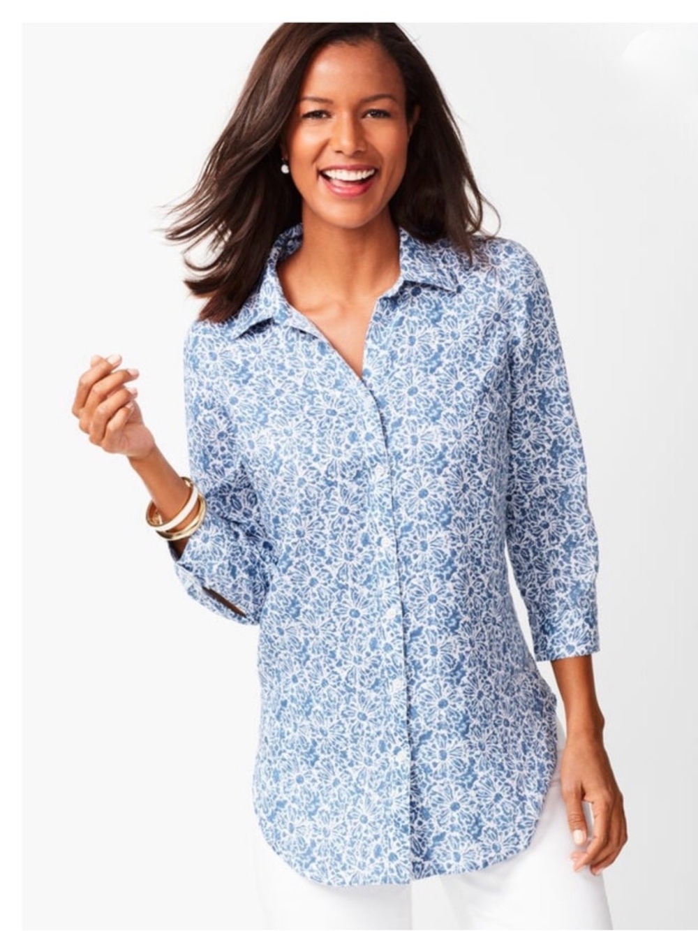 Talbots button back linen tunic blouse with 3/4 sleeves